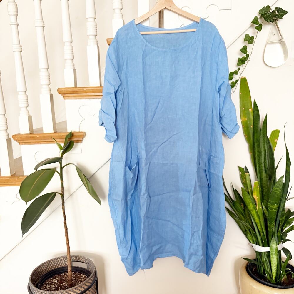 Made in Italy Women's 100% Linen Light Blue Lagenlook Midi Dress Pockets L/XL